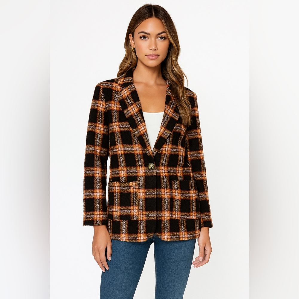 Plaid Women's Blazer in Black and Orange